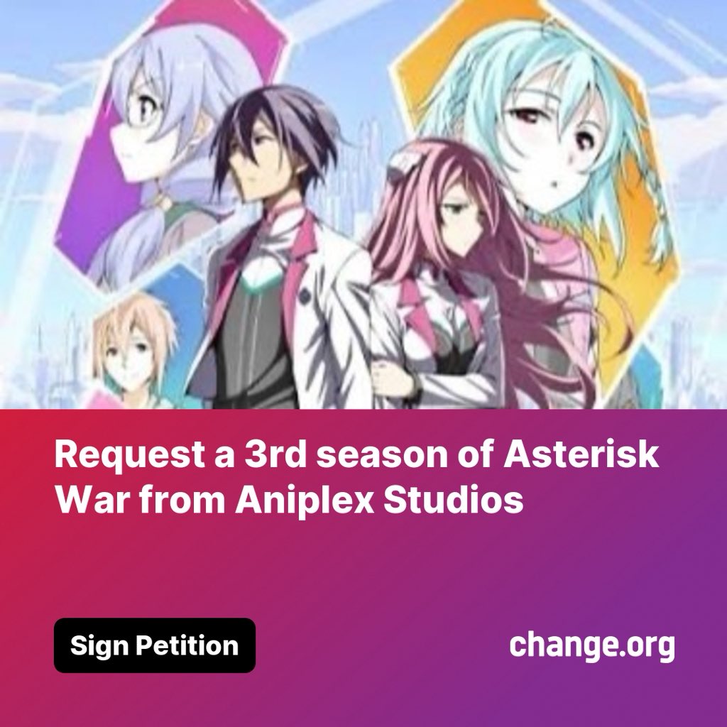 c__gremlin's tweet photo. THE FESTA MUST CONTINUE! @aniplexusa @a1pictures, the #AsteriskWar community DEMANDS #AsteriskWarSeason3! Give the light novel the proper conclusion. We need Ayato, Julis, &amp; the Genestella back! Sign &amp; RT to make a statement! ⬇️
https://t.co/IzbsQyyT6k
#TheAsteriskWar #anime https://t.co/4JqNJPHYVp