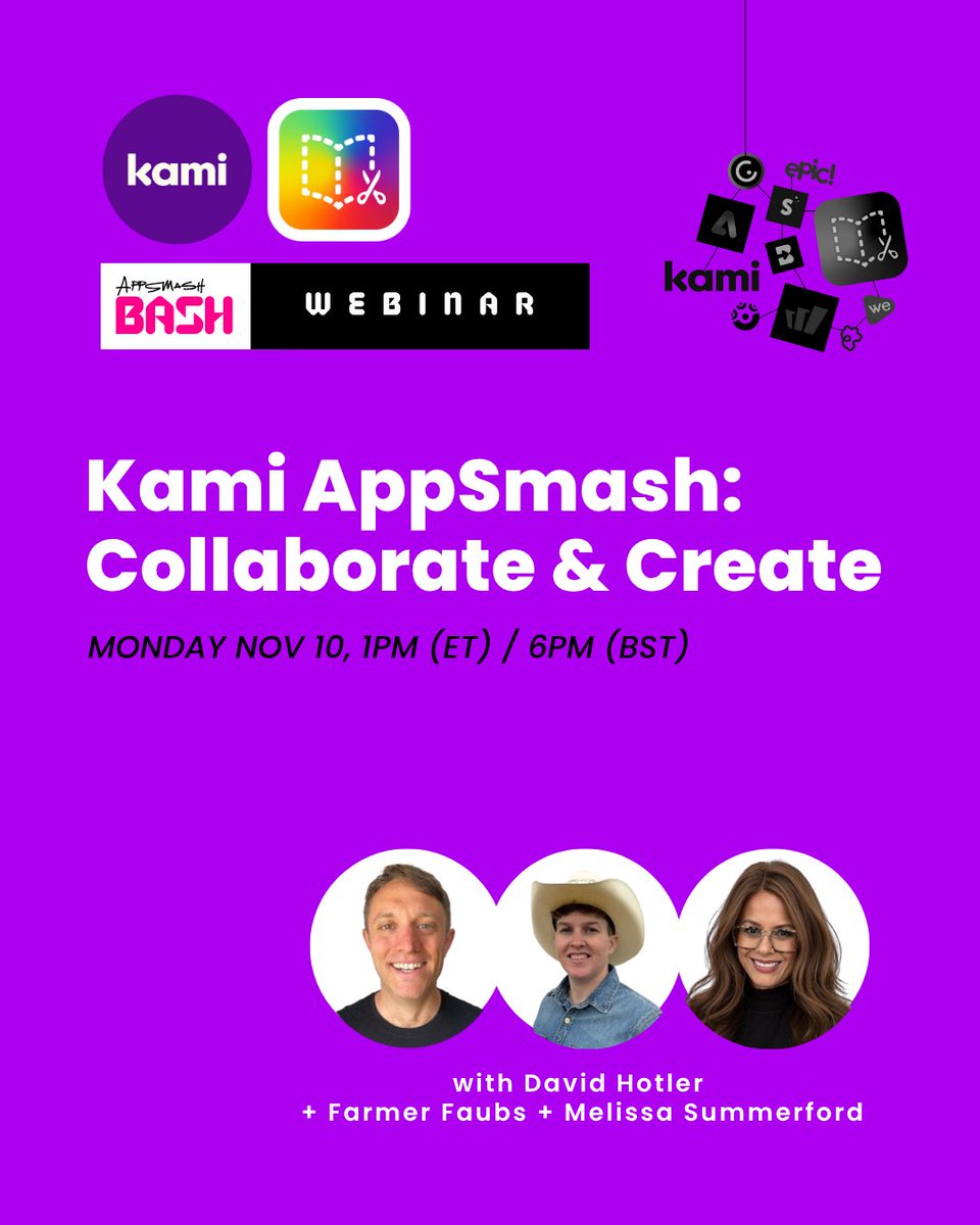 BookCreatorApp's tweet image. Tomorrow November 10!

Join David Hotler, Farmer Faubs, and Melissa Summerford for Kami AppSmash: Collaborate &amp;amp; Create.

Learn how to combine tools to make your classroom projects more interactive and dynamic.

hubs.la/Q03KHlkN0