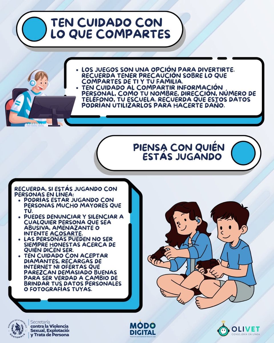 secretariasvet's tweet image. 🎮 Jugar en línea es divertido, pero también debe ser seguro.

🔹 No compartas tus datos personales.
🔹 Usa un nombre de usuario seguro.
🔹 Ajusta tu privacidad.
🔹 Desconfía de mensajes sospechosos.

Con #ModoDigital y #OLIVET, promovemos un internet seguro en vacaciones