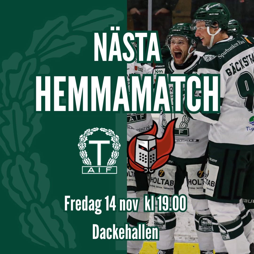 På fredag är det hemmamatch mot Nyköpings SK. Kom till Dackehallen och heja fram vårt grönvita lag 💚 Det finns fortfarande några platser kvar att boka i restaurangen. Efter matchen blir det After Ice fram till kl 23. 🥳 Biljetter till matchen bokar du på taif.nu.
