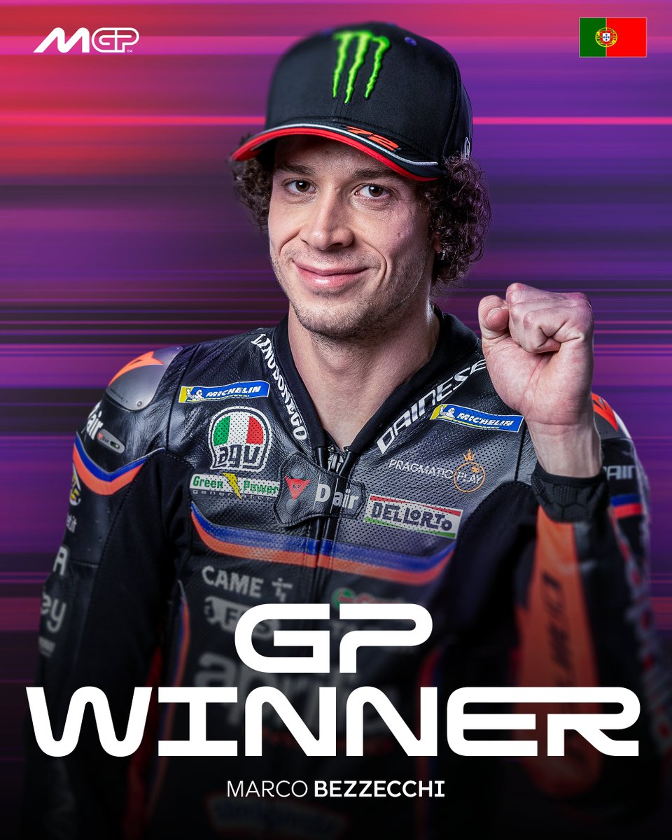 MotoGP's tweet photo. Mighty Marco! 👊

Bezzecchi conquers the rollercoaster! 🏆

#PortugueseGP 🇵🇹 https://t.co/N2Lql3ofsl