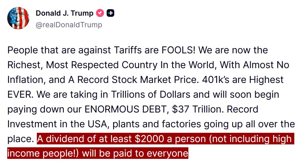 ClashEdge's tweet image. 🚨 NEW: Trump announces a $2,000 tariff stimulus check for “everyone,” excluding the wealthy. 💵

#Trump #StimulusCheck #USPolitics #Breaking