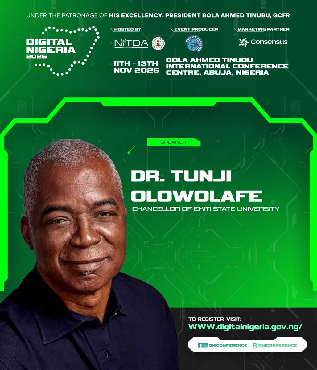 DNIConference's tweet image. The minds shaping Africa’s digital future. ✨
Meet our next lineup of speakers for #DigitalNigeria2025 — innovators, leaders, and thinkers redefining what’s possible.

📍 Abuja | Nov 11–13
Register FREE → digitalnigeria.gov.ng

#TechForTheFuture #InnovationInAfrica
