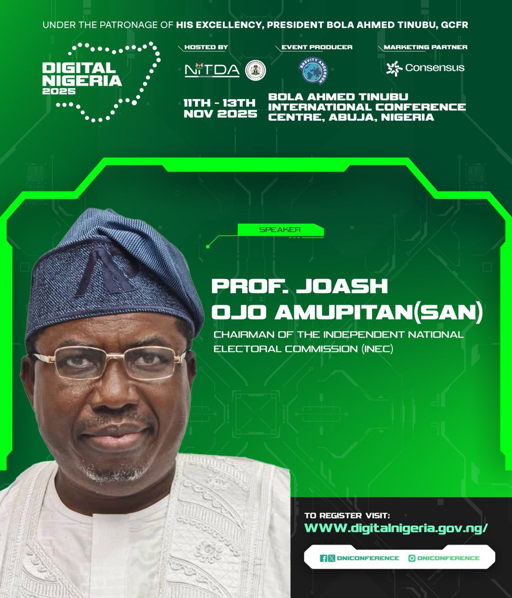 DNIConference's tweet image. The minds shaping Africa’s digital future. ✨
Meet our next lineup of speakers for #DigitalNigeria2025 — innovators, leaders, and thinkers redefining what’s possible.

📍 Abuja | Nov 11–13
Register FREE → digitalnigeria.gov.ng

#TechForTheFuture #InnovationInAfrica