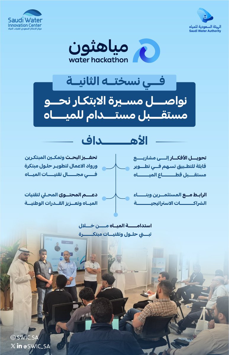 يواصل #مياهثون2 معسكره الحضوري في محافظة حقل، بخطى واثقة نحو مستقبل أكثر استدامة لقطاع المياه.
يهدف المعسكر إلى تمكين المبتكرين، وتعزيز البحث والتطوير، ودعم المحتوى المحلي في تقنيات المياه.

من خلال بيئة تجمع الأفكار المبدعة والشراكات النوعية، يسعى مياهثون إلى تحويل الحلول