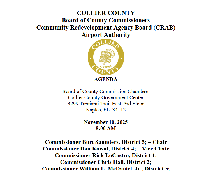 In observance of Veterans Day, the #CollierCounty Board of County Commissioners regular meeting will be Monday, November 10th, 2025.

To view the agenda for the upcoming meeting, visit ➡️ colliercofl.portal.civicclerk.com/event/1492/fil…