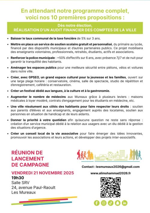 [#electionsmunicipales2026 #lesmureaux]
Lancement de campagne pour Ali Mohammad et son équipe
<a href="/Les_Mureaux/">Ville des Mureaux</a> #AliMohammad  #municipales2026 #municipaleslesmureaux #infolesmureaux 
les-nouvelles-des-mureaux.com/spip.php?artic…