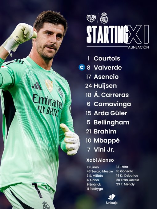 Graphic displays Real Madrids starting lineup with player headshots in green away jerseys against a dark background including Thibaut Courtois as goalkeeper number 1 Federico Valverde number 8 Eder Militao number 3 Raul Asencio number 24 Arda Guler number 15 Jude Bellingham number 5 Federico Valverde number 8 Lucas Vazquez number 17 Brahim Diaz number 10 Kylian Mbappe number 9 Vinicius Junior number 7 and Fran Garcia number 20 bench players include Andriy Lunin number 13 Dani Carvajal number 2 Endrick number 16 Alvaro Carreras number 18 Ferland Mendy number 23 and others team crest and Unicaja sponsor logo visible.