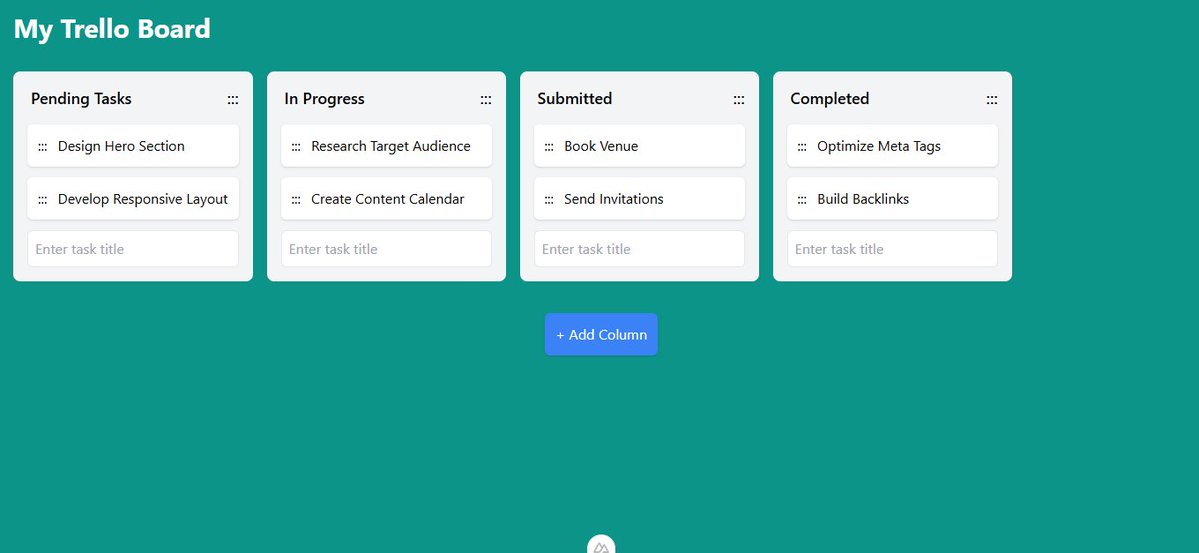 🚀 Just built a Trello Clone using Nuxt.js + Vue 3 + TypeScript + Tailwind CSS!

✅ Add/remove columns
✅ Inline edit titles
✅ Drag &amp; drop columns &amp; tasks
✅ Move tasks: Pending → In Progress → Complete
✅ Keyboard delete support
🎯 Live demo 👉 trello-project-clone.netlify.app
#NuxtJS