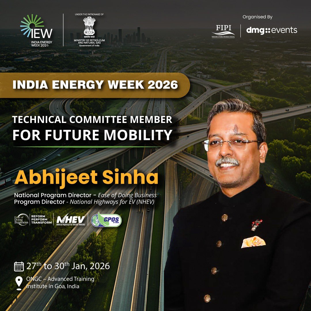 We extend our congratulations to Mr. <a href="/Abhijeet_Sinhaa/">Abhijeet Sinha</a> Emeritus President, Charge Point Operators Society of India on being appointed to the Technical Committee for Future Mobility at India Energy Week-2026.

His expertise and commitment will play a pivotal role in shaping the