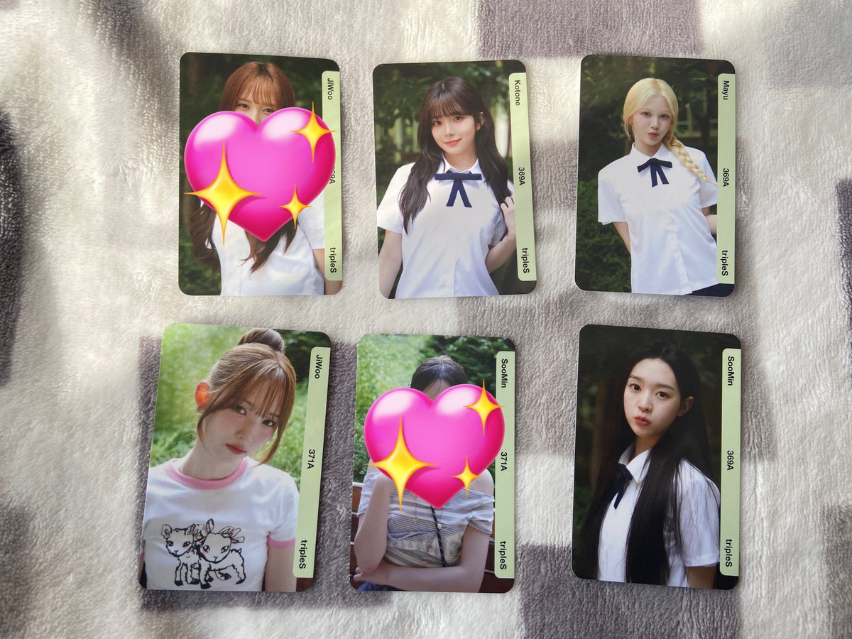 X11m_r_'s tweet photo. tripleS オブジェクト objekt 交換

【HAVE】 
AA369 
Soomin、Kotone、Mayu

AA371
Jiwoo

【WANT】
同種・異種 チェヨン 

QR未使用同士での交換
11/29手渡しまたは 郵送でのお取引 
条件合う方いましたらお気軽にお声がけ下さい

#tripleS交換 https://t.co/Cl1GUrLLqB