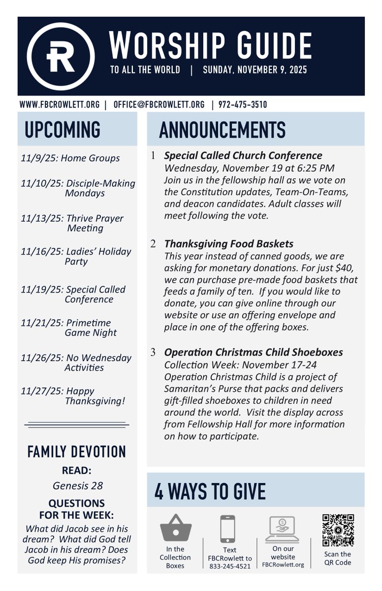 fbcrowlett's tweet photo. Here's your worship guide for today's worship services. Join us at 9"30 &amp; 11:00 AM. https://t.co/CGGf4SqG40