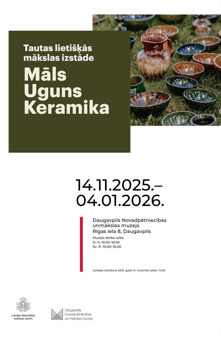 DaugavpilsTIC's tweet image. 👋14. novembrī plkst. 14.00 Daugavpils Novadpētniecības un mākslas muzejā tiks atklāta izstāde  “Māls. Uguns. Keramika.&quot;

➡️Plašāka informācija par izstādi: visitdaugavpils.lv/pasakumi/tauta…

#daugavpils #pasākumidaugavpilī #kodarītdaugavpilī #daugavpils2025 #novembris #izstāde #muzejs