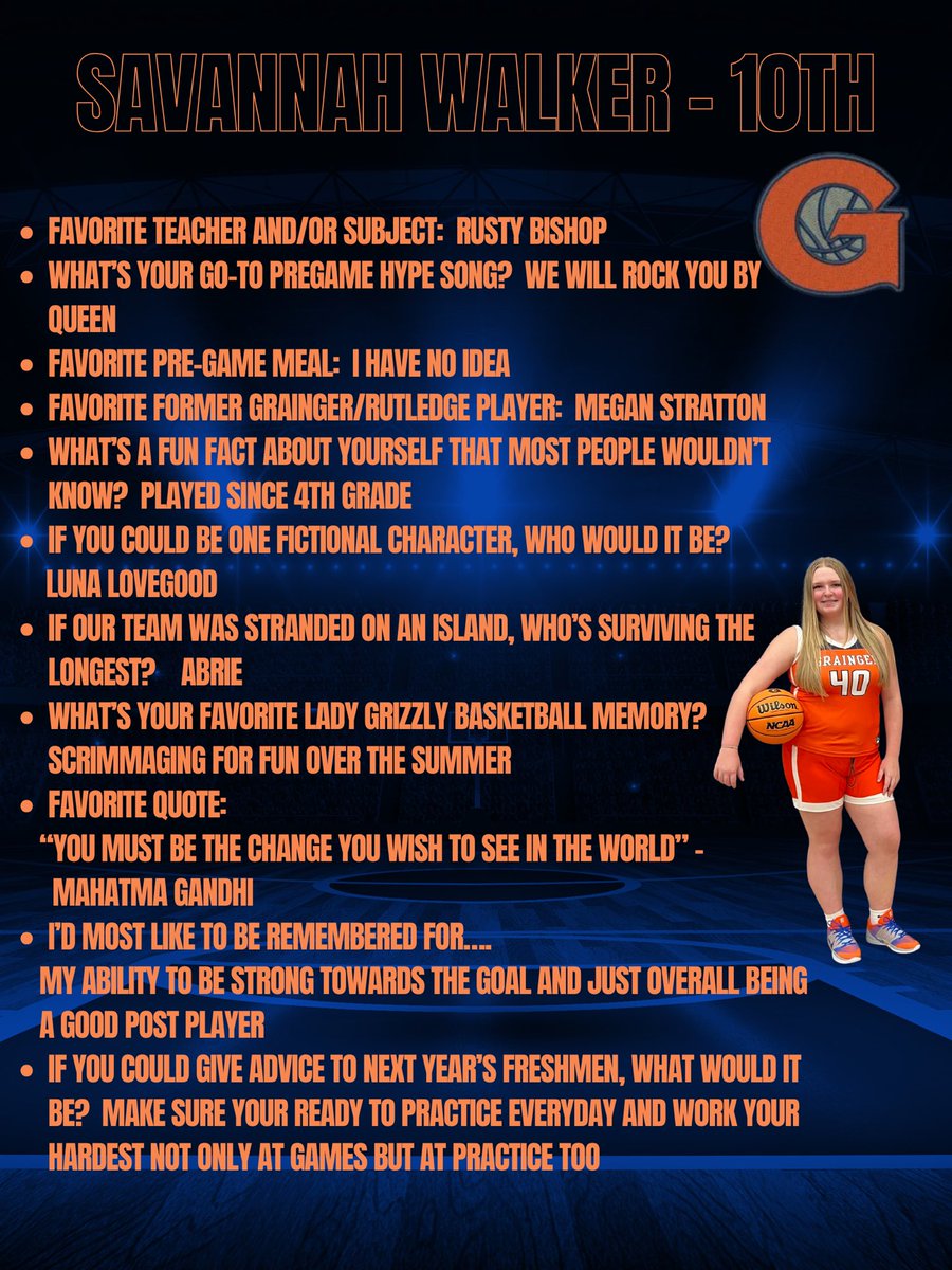 9 days until tip-off! Today we spotlight sophomore Savannah Walker. She’s a great teammate and shows a bunch of upside as a post player. Can’t wait to see her on the floor!
