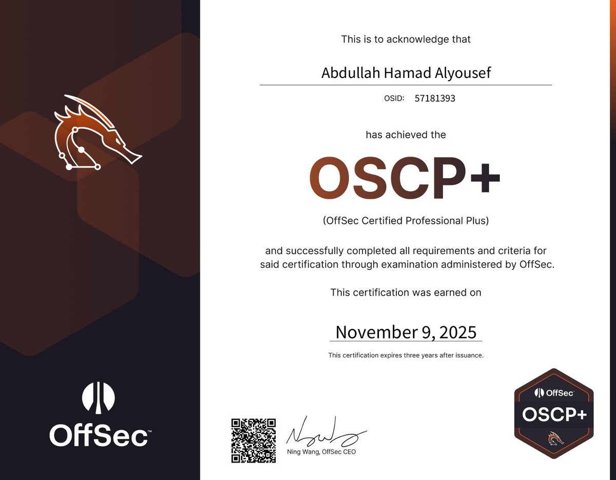 abdallahcss's tweet image. الحمدلله
قدرت اجيب ال OSCP - Offsec Certified Professional