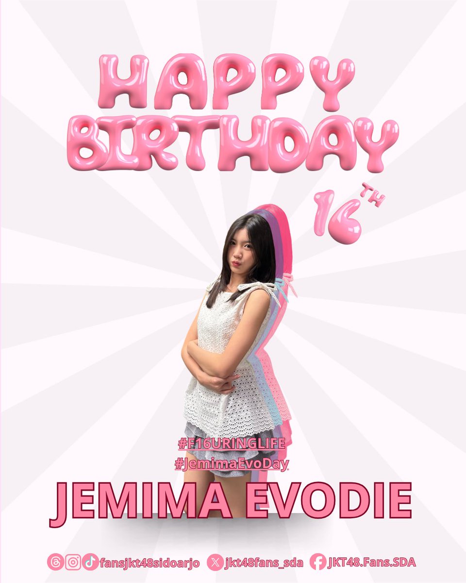 Selamat ulang tahun, gadis manis kesayangan!

Jemima sekarang sudah 16 tahun! ✨💖

​Semoga di usia ini kamu selalu dikelilingi kebaikan, kesehatan, dan senyum tawa. Terima kasih sudah bekerja keras. Stay healthy and happy!

#F16URINGLIFE
#JemimaEvoDay