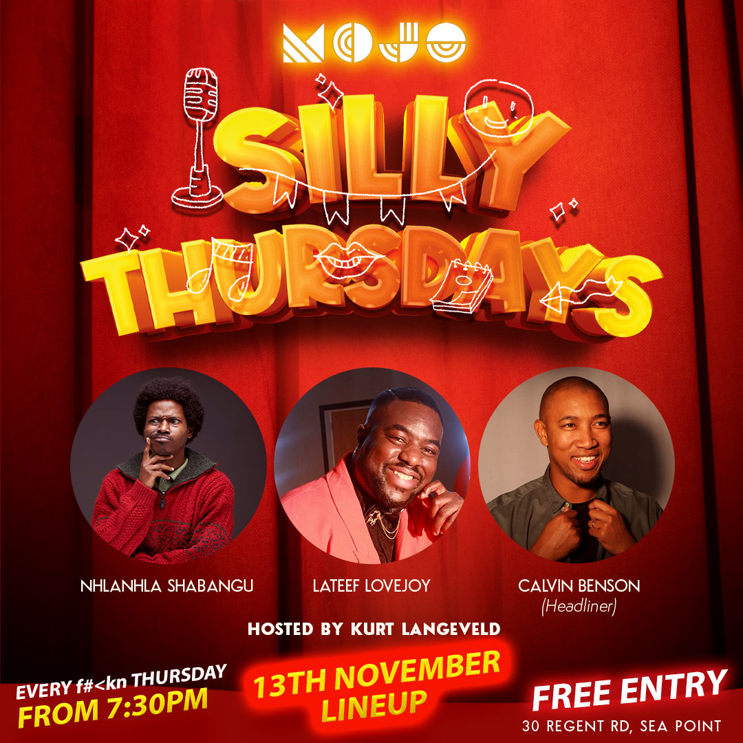 🎤 SILLY THURSDAYS weekly event lineup 🎭
. . .
💣 May cause sudden outbursts, wheezing, and the urge to DM your ex “you up?” after too many tequila shots. You’ve been warned.
. . .
🕢 Thursday | 7:30PM | 🎟 Free Entry
📍 Mojo Market, 30 Regent Rd, Sea Point
#MojoMarket