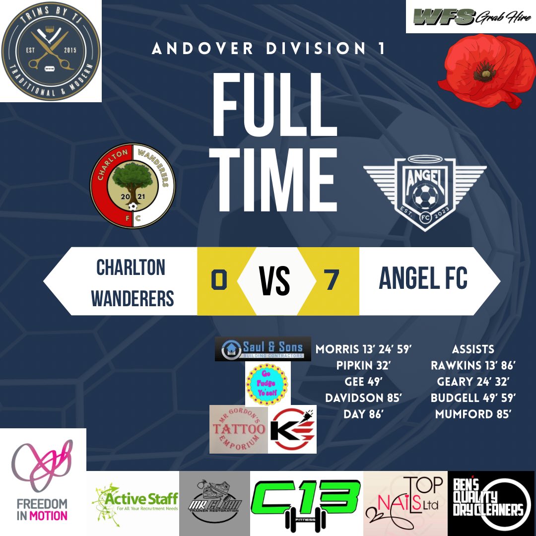 FCAngel23's tweet photo. Trims By TJ & Others Sponsored Angel FC in their big away win against Charlton this morning!! Some great goals scored but most importantly some great spirit shown from Charlton to stick at it. Well played lads! #lestweforget🌹 #Angel #AngelFC #UTA 🔵🪽🔥🫱🏾🫲🏽💙 https://t.co/yUPadE1g3z