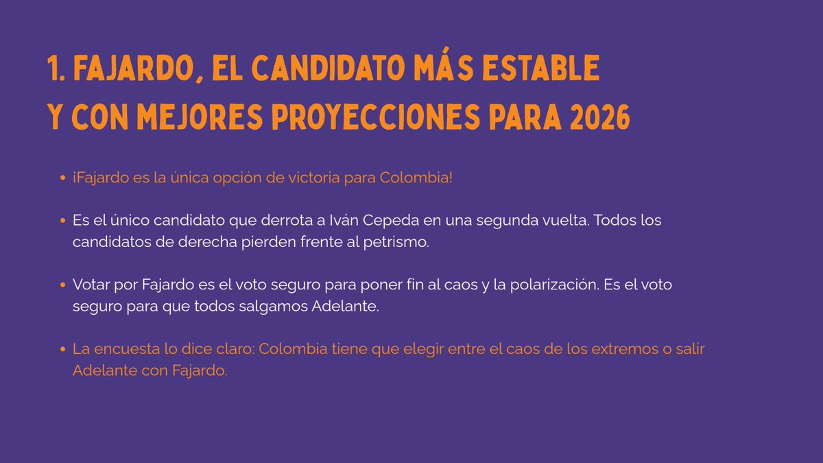 Votar por Fajardo es el voto seguro para poner fin al caos y
la polarización.
Es el voto seguro para que todos salgamos Adelante.
#AdelanteConFajardo

Fajardo.
