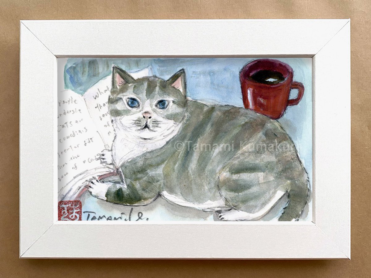 お習字している猫と、読書している猫。 ポストカードサイズ原画です