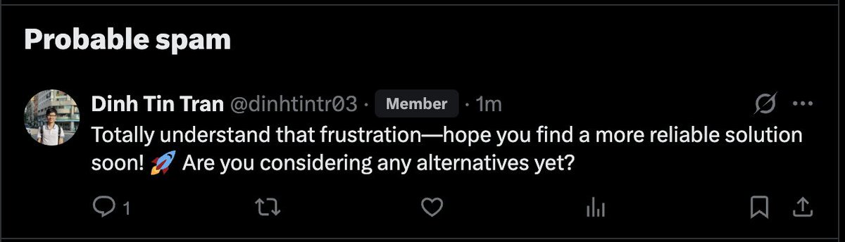 dankorotenko's tweet photo. even X mentioned this comment as a spam xd

i can clearly see that this is ai by this long dash —

that's so cringe https://t.co/vp3oNDOjY5