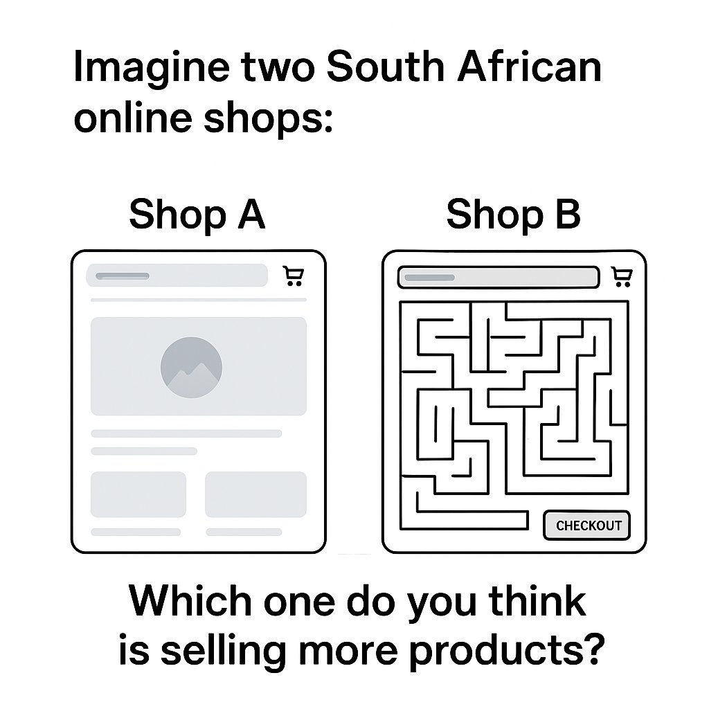 cloudsinethamsi's tweet photo. Imagine two South African online shops:
🛍️ Shop A — sleek, stunning, easy to use.
🧩 Shop B — looks like a maze from the 90s.

Which one do you think is selling more products? 👇

(Spoiler: It’s not the one making customers play “find the checkout” 😅)

#EcommerceSA https://t.co/8zSQC9vPqC