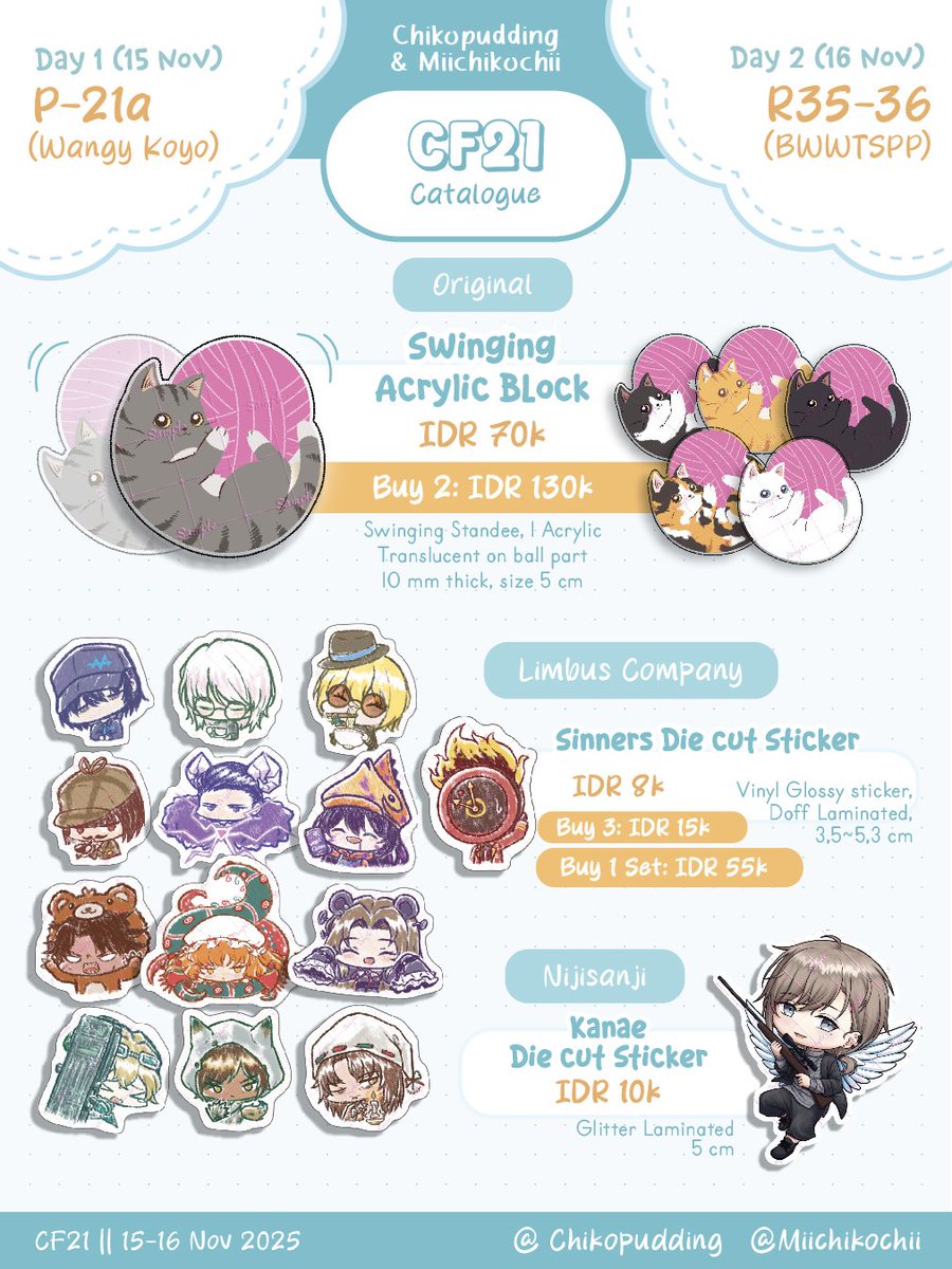 Miichikochii's tweet photo. 🩷+🔄appreciated!

Here's my #CF21 OTS catalogue! 
📍Circle: Wangykoyo (Sat) &amp; BWWTSPP (Sun)
・ Saturday only: WangyKoyo (P-21a) 
・ Sunday only: BWWTSPP (R35-36)

✨Fandom: Original Cat, Limbus Company, Nijisanji JP (Kanae)

See you at ICE BSD!

#cf21catalogue #cf21catalog https://t.co/moa4J1pMwk