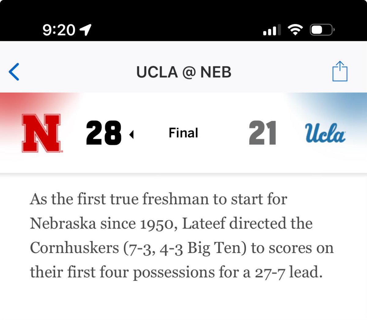 JAM3v1's tweet image. This paragraph in the recap was confusing because if Nebraska had 27 points at halftime how did they get one point? Figured it out. It should say scores on their first 3 possessions for a 21-7 lead. #ESPN