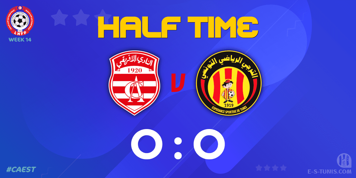 ESTuniscom's tweet photo. ⏱ HT | #Ligue1Tn🇹🇳 Week 14 #CAEST | #ClubAfricain 0⃣-0⃣ @ESTuniscom : End of the first half / نهاية الشوط الاول / Fin de la première période https://t.co/lZ4wKJPmu0