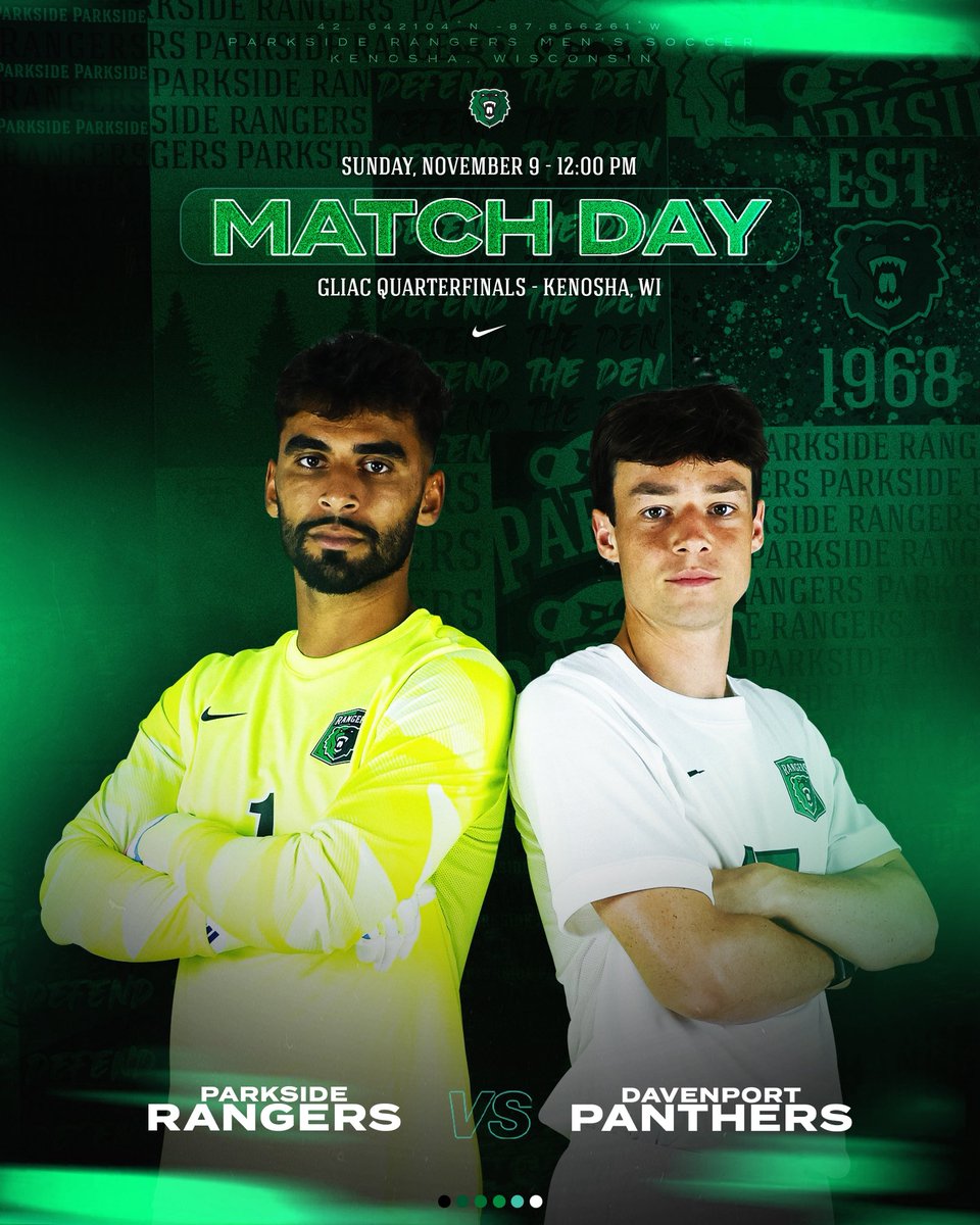 GLIAC TOURNAMENT TIME ⏰‼️

🆚 Davenport University
📍 Kenosha, WI. 
⏰ 12:00 p.m
📺📊 ParksideRangers.com/coverage

#DefendTheDen // #RangerGRIT