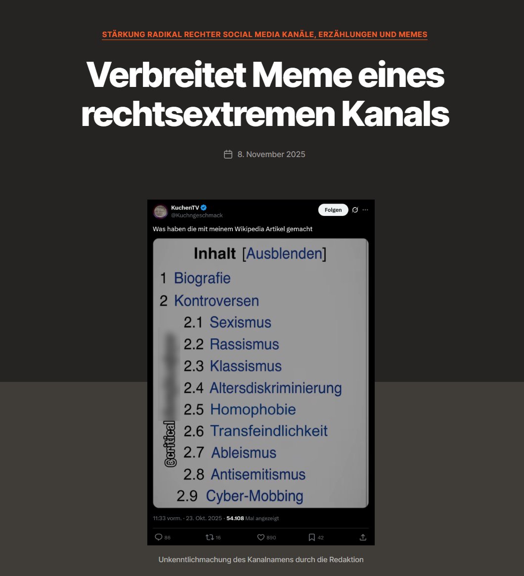 KuchenTV verbreitet wieder ein Meme von einem rechtsextremen Instagram Kanal.
kuchenfiles.noblogs.org/kuchentv-verbr…