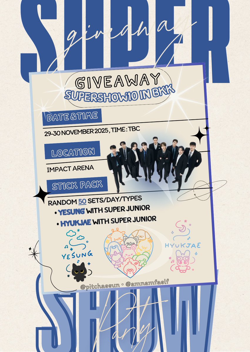 ✴︎ 𝐆𝐈𝐕𝐄𝐀𝐖𝐀𝐘 :  stickers ! 
 #SS10inBKK ᢉ𐭩

⋆. 𐙚 𝖱𝖺𝗇𝖽𝗈𝗆 𝗒𝖾𝗌𝗎𝗇𝗀 ♡ 𝗁𝗒𝗎𝗄𝗃𝖺𝖾 𝗏𝖾𝗋 ✲

 ✧ Only 50 set per days ✧

See you at Impact arena 
Date : 29-30 November 2025
Time : TBC

<a href="/pitchaeeun/">🌻นอยอ</a> ˚.🎀༘⋆