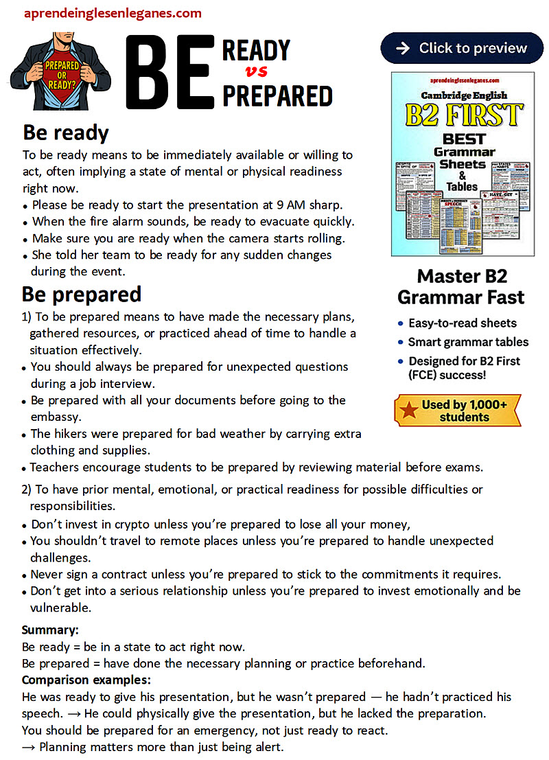 FCECAEmbridge's tweet image. 📥 Free PDF: aprendeinglesenleganes.com/ready-vs-prepa…
“Be ready” or “Be prepared”? 🤔
They’re not the same! Learn the difference with clear examples.
#b2first #c1advanced #cambridgeenglish #englishlanguage #EnglishTeacher