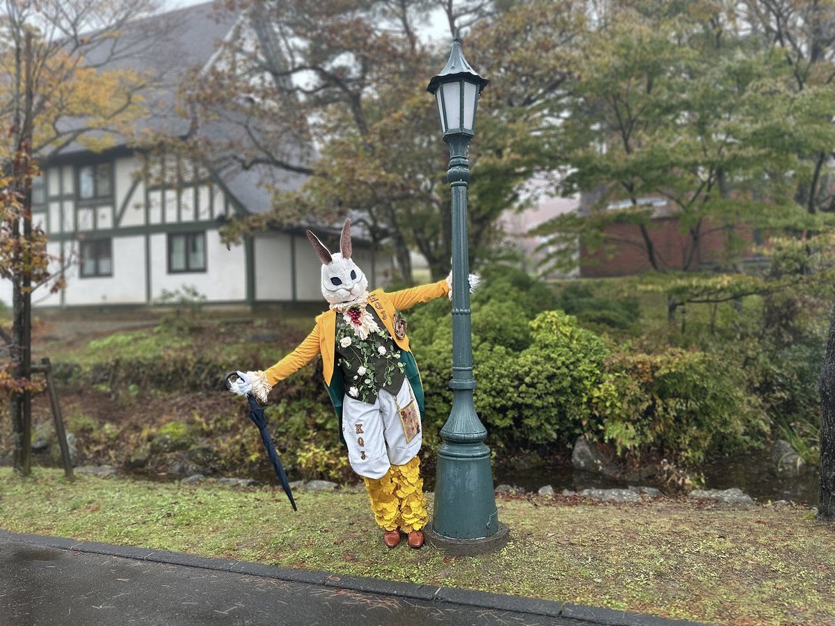 ハロウィンイベント日は仮装写真OKとのことなので、雨模様ですが傘を差しつつ少しだけお散歩もしました。晴れの日はこの街並みをパレードできるようです