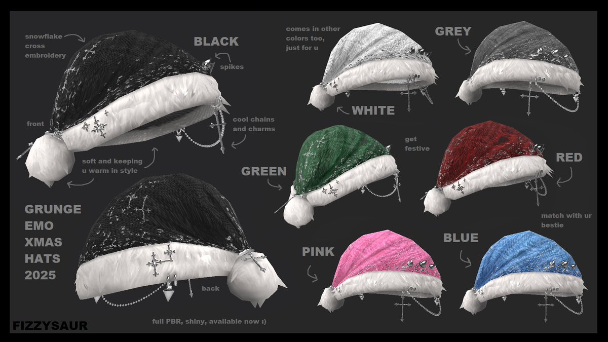 fizzysaur's tweet image. Wanna start getting festive, but still wanna stay stylish?
I gotchu. Grunge xmas hats, out now ⛓️
#Roblox #RobloxUGC #RobloxArt