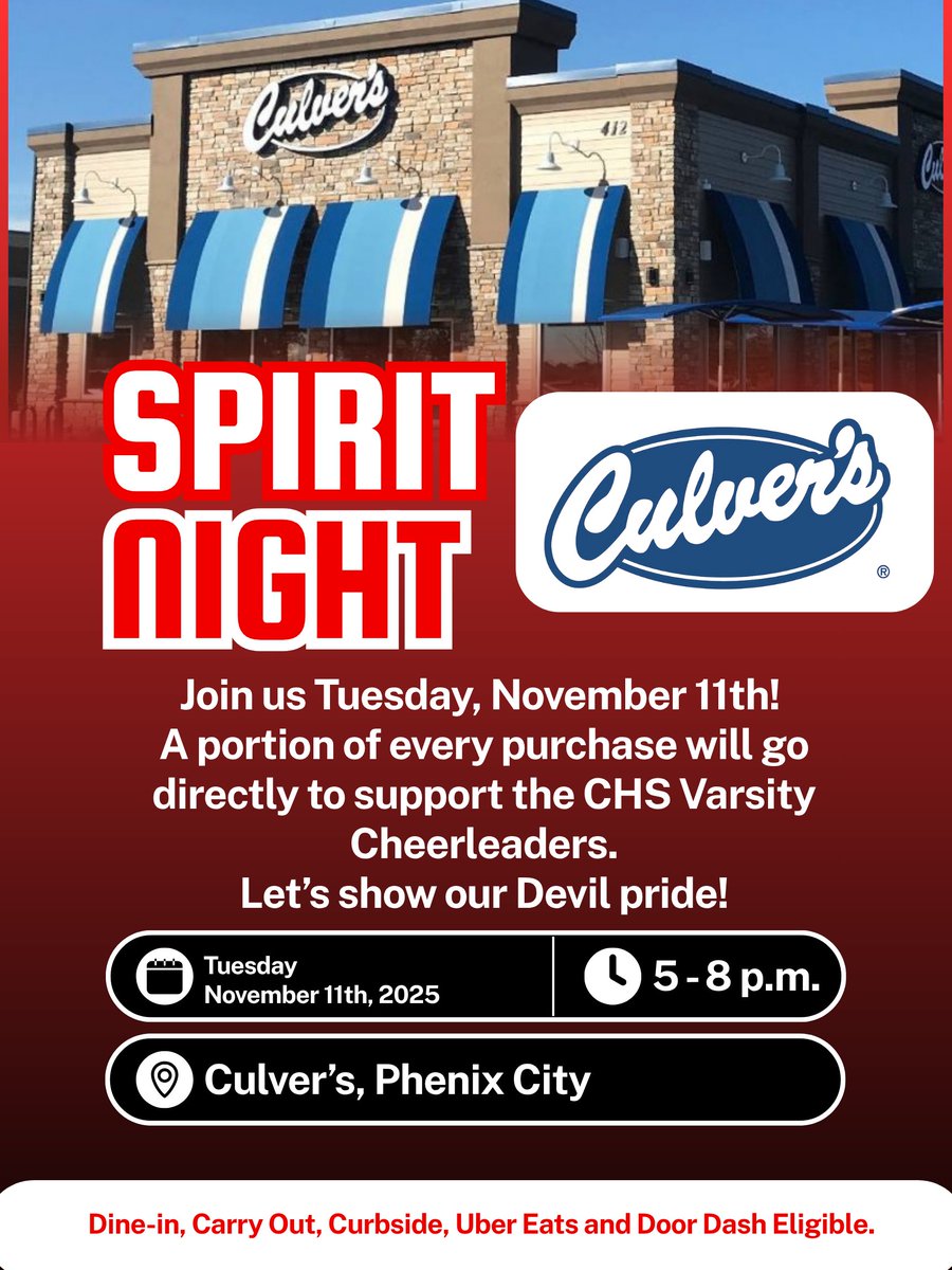Spirit Night at Culver’s! ❤️🍔 

Join us Nov 11, 5-8 PM! Every purchase supports Central High Varsity Cheerleaders! Dine-in, carry out, or order via Uber Eats/DoorDash! Let’s show our Red Devil pride! 🔴⚫ #PhenixCitySchools