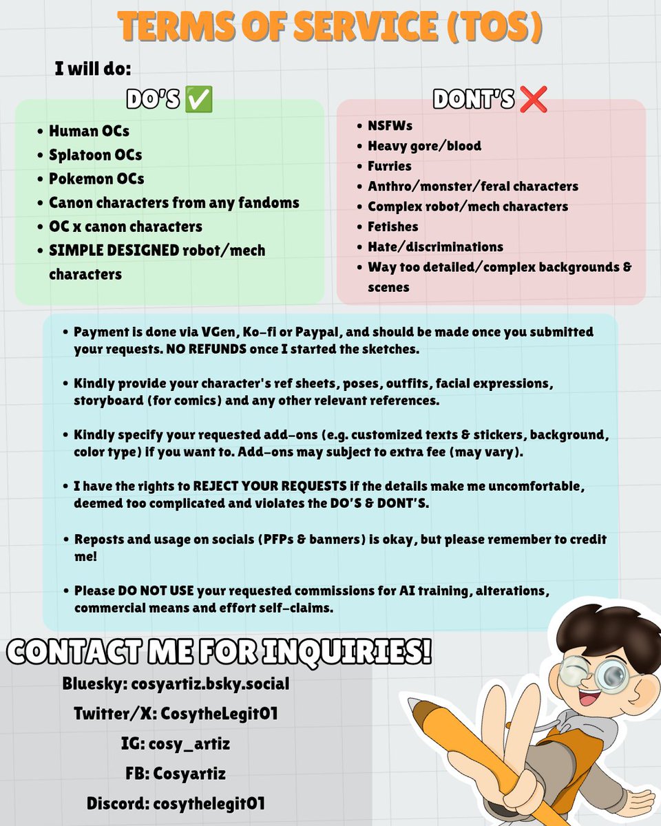CosytheLegit01's tweet image. Cosyartiz&apos;s C0mm1ss1ons Open‼️🎨🌟

A gentle reminder that c0mms are open on VGen and Ko-fi! 4 categories are available with NO SLOT LIMITS! DM me for inquiries!

C0mm info and links in replies 👇🏻⬇️

#cosyartiz #commissions #commissionsopen