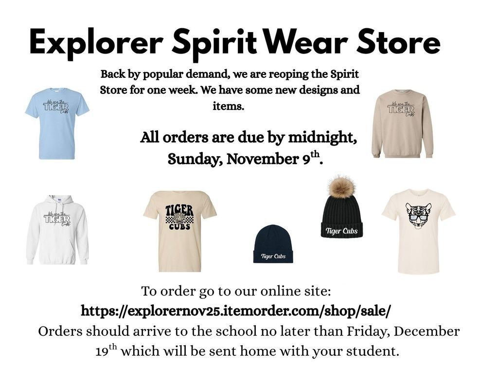 Don’t miss your last chance to grab your favorite Explorer gear! Orders are due by Midnight tonight, Sunday November 9th

🛍️ Shop here: explorernov25.itemorder.com/shop/sale/

Go Explorers! 💙💛
Explorer PTO