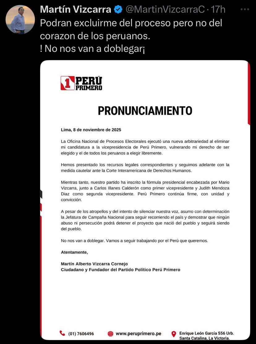 josetelloalfaro's tweet photo. El nuevo pronunciamiento de Martín Vizcarra revela su estrategia de victimización mientras desafía las normas que lo inhabilitan. Califica de “arbitrariedad” lo que en realidad es la aplicación de tres sanciones políticas vigentes.

Pretende confundir su situación legal —producto del Vacunagate— con un derecho colectivo, alegando que se vulnera “el derecho de todos los peruanos a elegir”. Además ofrece una medida cautelar ante la CIDH como si fuera una salida inmediata, cuando sabe que no lo es.

La maniobra es evidente; su hermano encabeza ahora la plancha presidencial, y el busca endosar su capital político al apellido. Es así como el “vizcarrismo” intenta sobrevivir, aunque sea por sustitución.

Y para cerrar el círculo, Vizcarra se autoproclama “Jefe de Campaña Nacional”. No puede ser candidato, pero actúa como tal. En la  practica es él el candidato aún que en el papel sea su hermano.