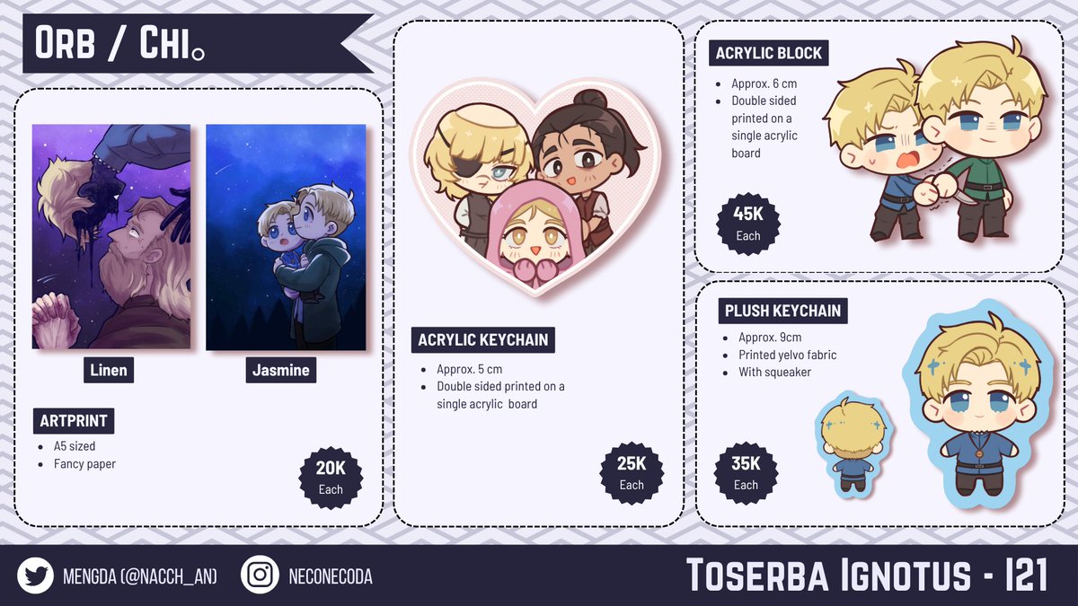 nacch_an's tweet image. [RT and Likes 💖]
Full personal catalogue for #Comifuro21! 

Fandom:
Orb, Hyakuemu, TSHD, FGO, Mononoke, Genazo, Ultraman, Limbus Company, Original

As usual I&apos;ll be boothing with the folks at @Toserba_Ignotus! We&apos;ll be at i-21, both days ✨ See you there 👊😎🔥🔥

(1/3)