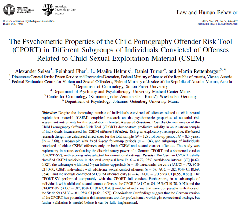 MarRettenberger's tweet photo. The psychometric properties of the German version of the CPORT for risk assessment in child pornography-related offenses!

Paper available here: https://t.co/wN45wqu2HP

Thanks a lot to all contributors @MaaikeHelmus @APA @SAARNAOrg https://t.co/16LqvxYAbD