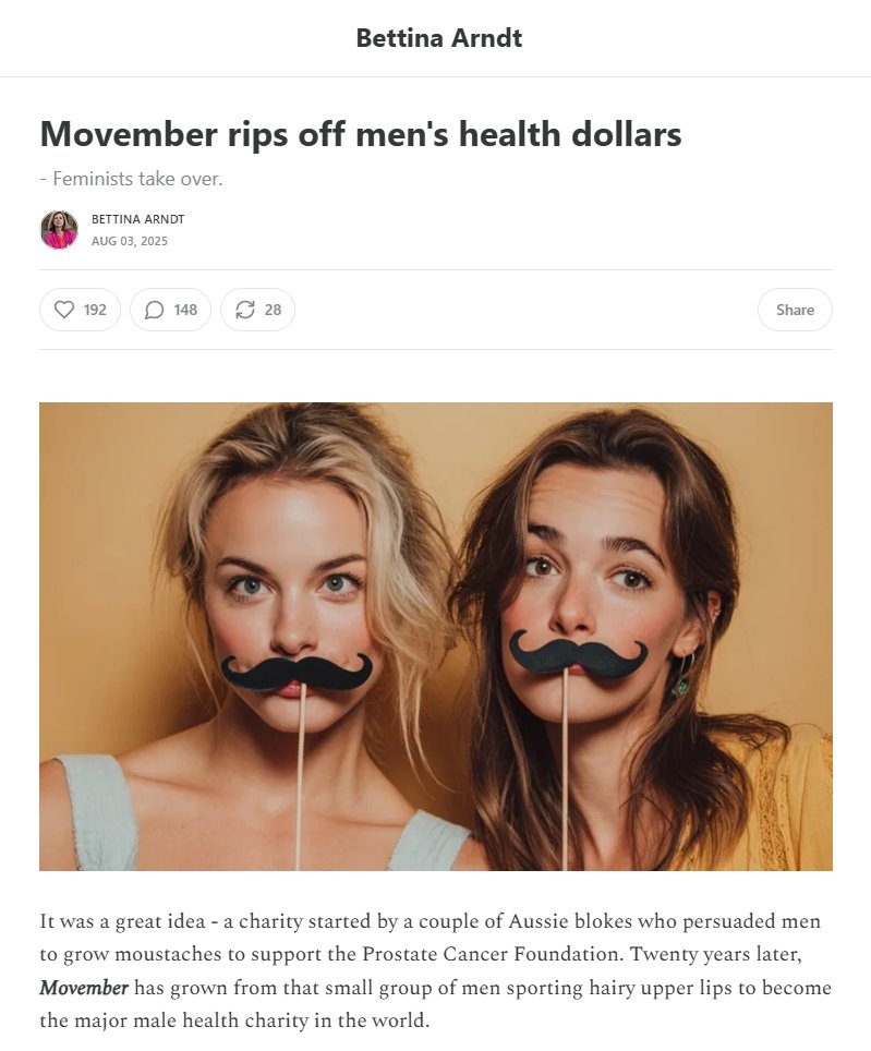 men_are_human's tweet image. We have been betrayed.

#Movember redirects funding given for men to women and girls.  As if they need more.

bettinaarndt.substack.com/p/movember-rip…