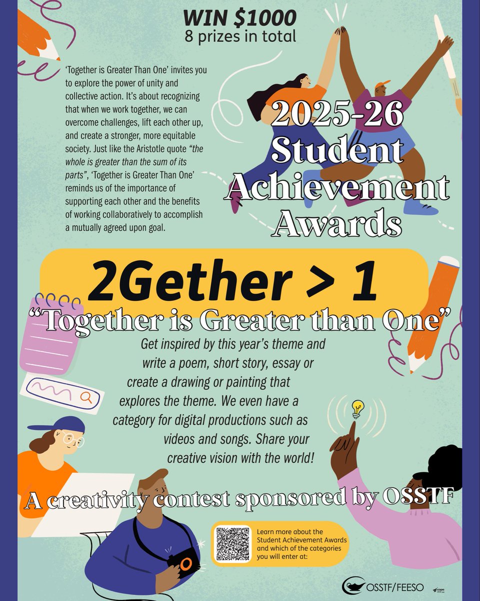 #OSSTF Student Achievement Awards
-creative writing &amp; arts competition
-8 categories
-SCHOOL deadline is early Nov
-DISTRICT deadline is Nov19, 2025
-more info: osstfd7.ca/osstf-student-…

IMPORTANT: Students must submit a letter from OSSTF staff member along with their entry form.