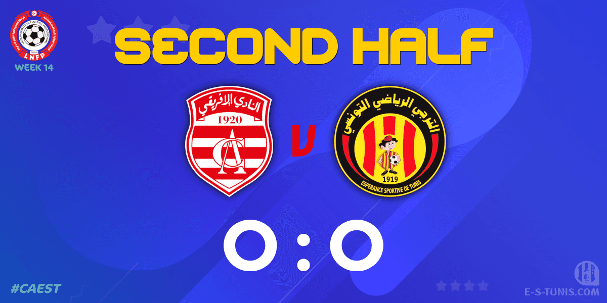 ESTuniscom's tweet photo. ⏱ 46' | #Ligue1Tn🇹🇳 Week 14 #CAEST | #ClubAfricain 0⃣-0⃣ @ESTuniscom : The second half kicks off / بداية الشوط الثاني / Coup d'envoi de la seconde période https://t.co/nMrEM8Di74