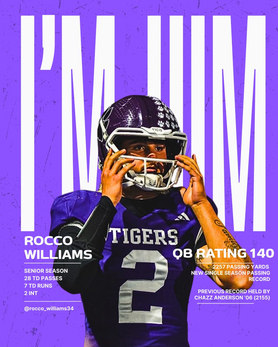 @rocco_williams34 is HIM!! 🐅🔥

After an elite Round 2 performance, Rocco now holds the new single-season passing record with 2,257 yards — surpassing Chazz Anderson (‘06), who had 2,155 yards in 15 games.

Rocco did it in just 11. 🐅
#HimothyWilliams #QB1 #TheFactory #Family