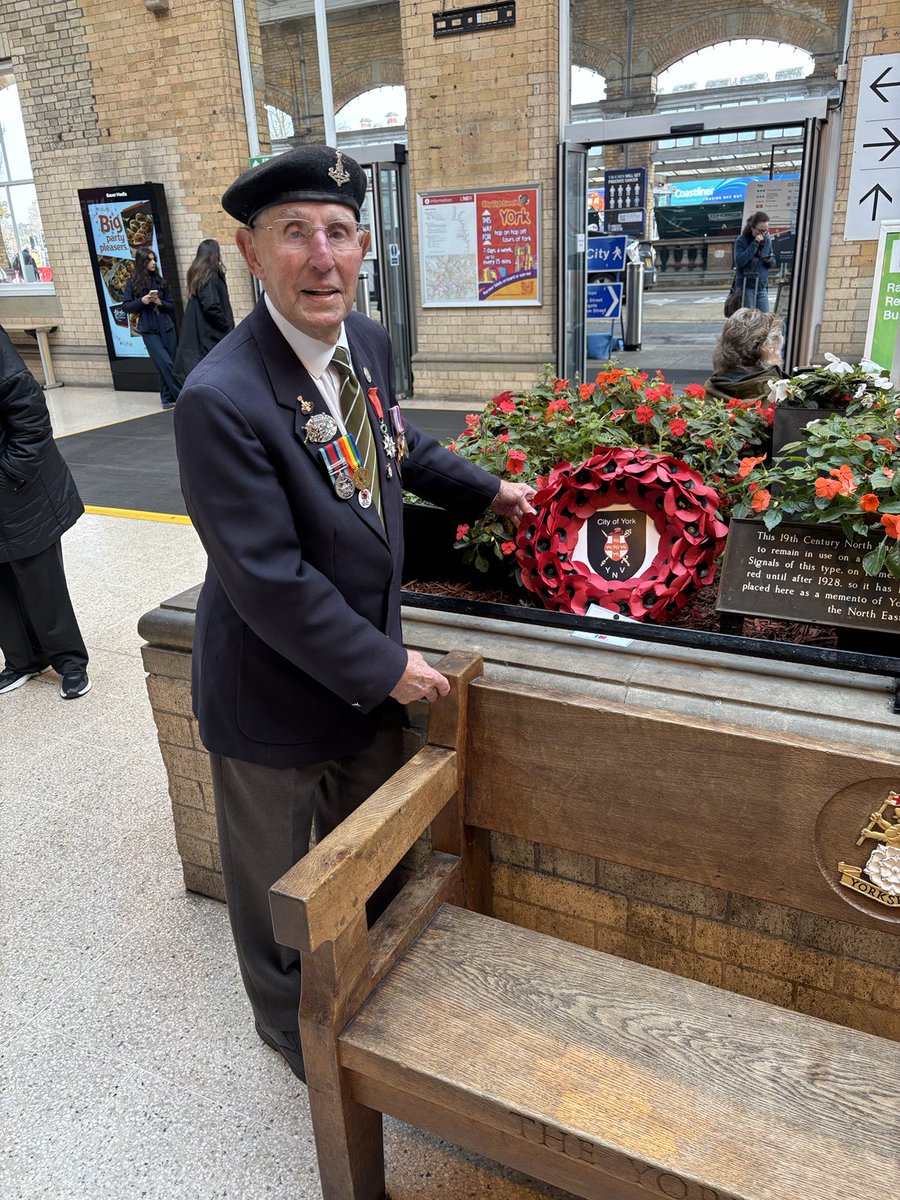 My great friend Normandy Veteran Ken Cooke (100) laying  Poppy wreaths at the Service of Remembrance, York City Memorial Gardens and York Station this morning.Many people stopped to shake Ken’s hand and thank him for his service which continues to this day.
A very special man.