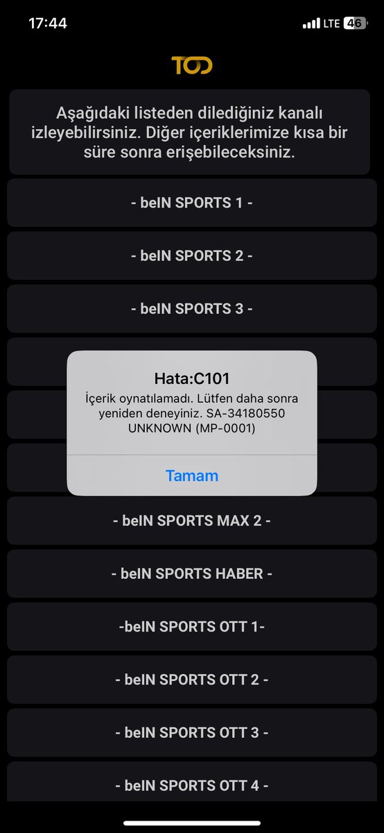 BlackShadowAnt's tweet photo. @tod_tr Değişen birşey yok. 1. Kanalda bu hata var. Diğerleri açılıyor. OTT’lerde çalışmıyor. https://t.co/kfKG6CmHhm