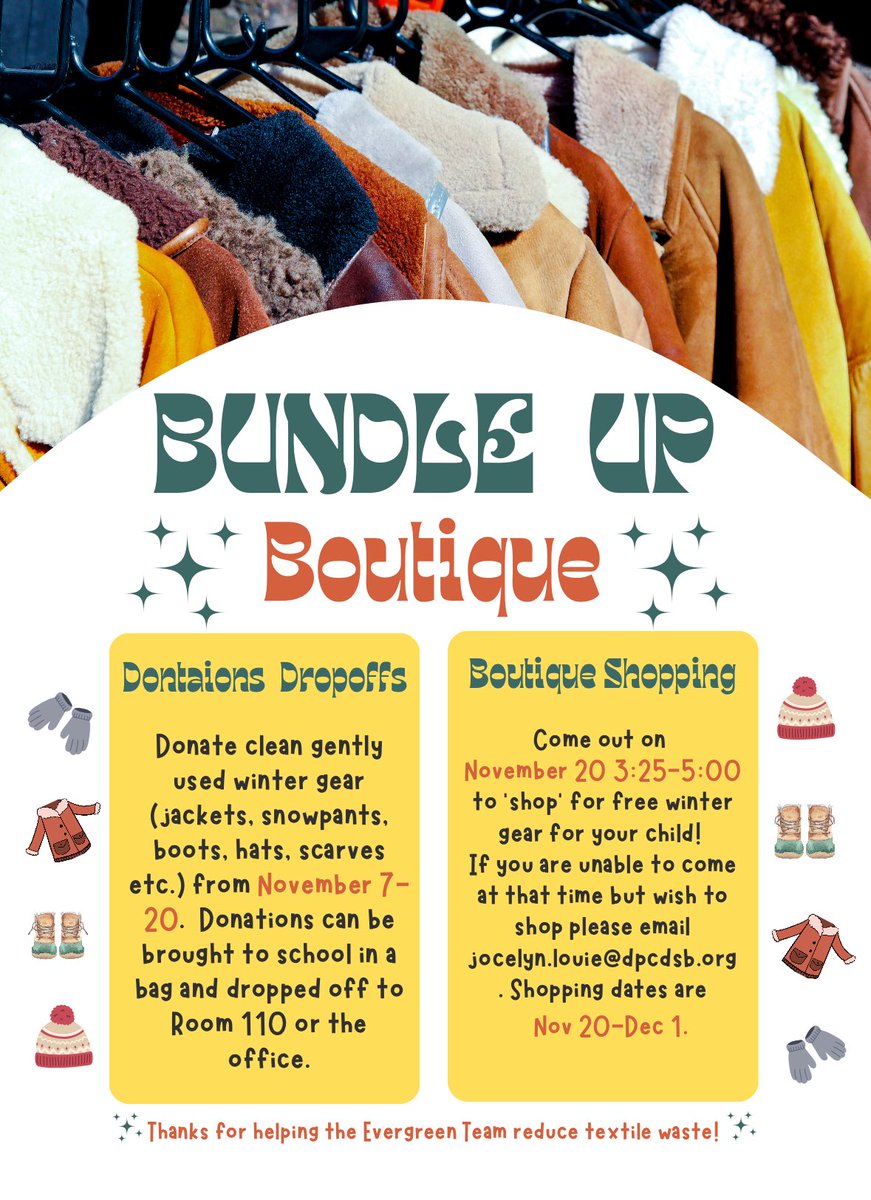 The <a href="/EcoStPeter/">StPeterEvergreen</a> is reducing textile waste with “Bundle Up Boutique”.  We’re accepting Donation Dropoffs of Winter Gear Nov 7-20!  Come shop FREE on Nov 20 (3:25-5pm) or by appointment Nov 20 - Dec 1. Email Ms. Louie for appointment

<a href="/DPCDSBSchools/">Dufferin-Peel Catholic District School Board</a> 
<a href="/DP_EcoSchools/">@DP_EcoSchools</a> 
<a href="/EcoSchoolsCAN/">EcoSchools Canada</a>