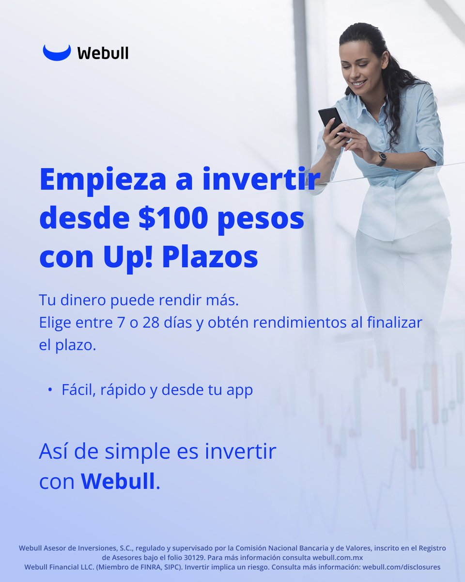 webull_mexico's tweet image. ¿Listo para que tu dinero empiece a tener un propósito?

Con Up! Plazos puedes invertir desde $100 pesos y obtener una tasa de rendimiento anual fija y competitiva.