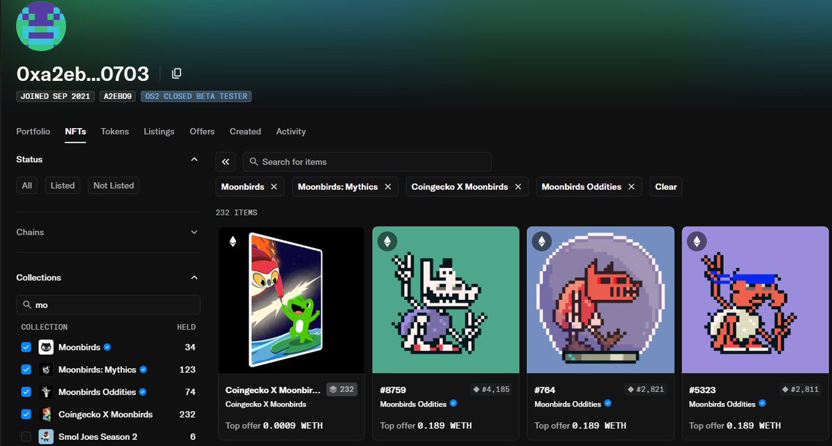 Danishyt2255's tweet image. 🚨 Just minted the CoinGecko X Moonbirds SBT — and found something wild! 👀

🔹 Only 4 wallets hold 100+ SBTs!
🐋 Top Whale: 0xa2ebd97892502847061fe611efd5e289dbfa0703
→ Holding 231 NFTs worth $363K (Moonbirds, Mythics &amp;amp; Oddities)

⚠️ Normal users: Only 1 SBT per wallet.
⚠️ NFT…